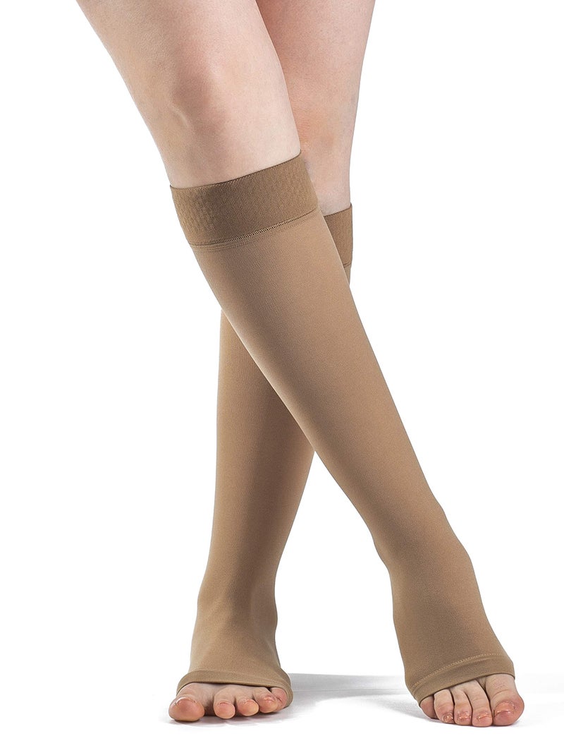 SIGVARIS Mens Womens Essential Opaque 860 Open Toe CalfHigh Socks wGrip Top 3040mmHg Medium Short light beige crispa